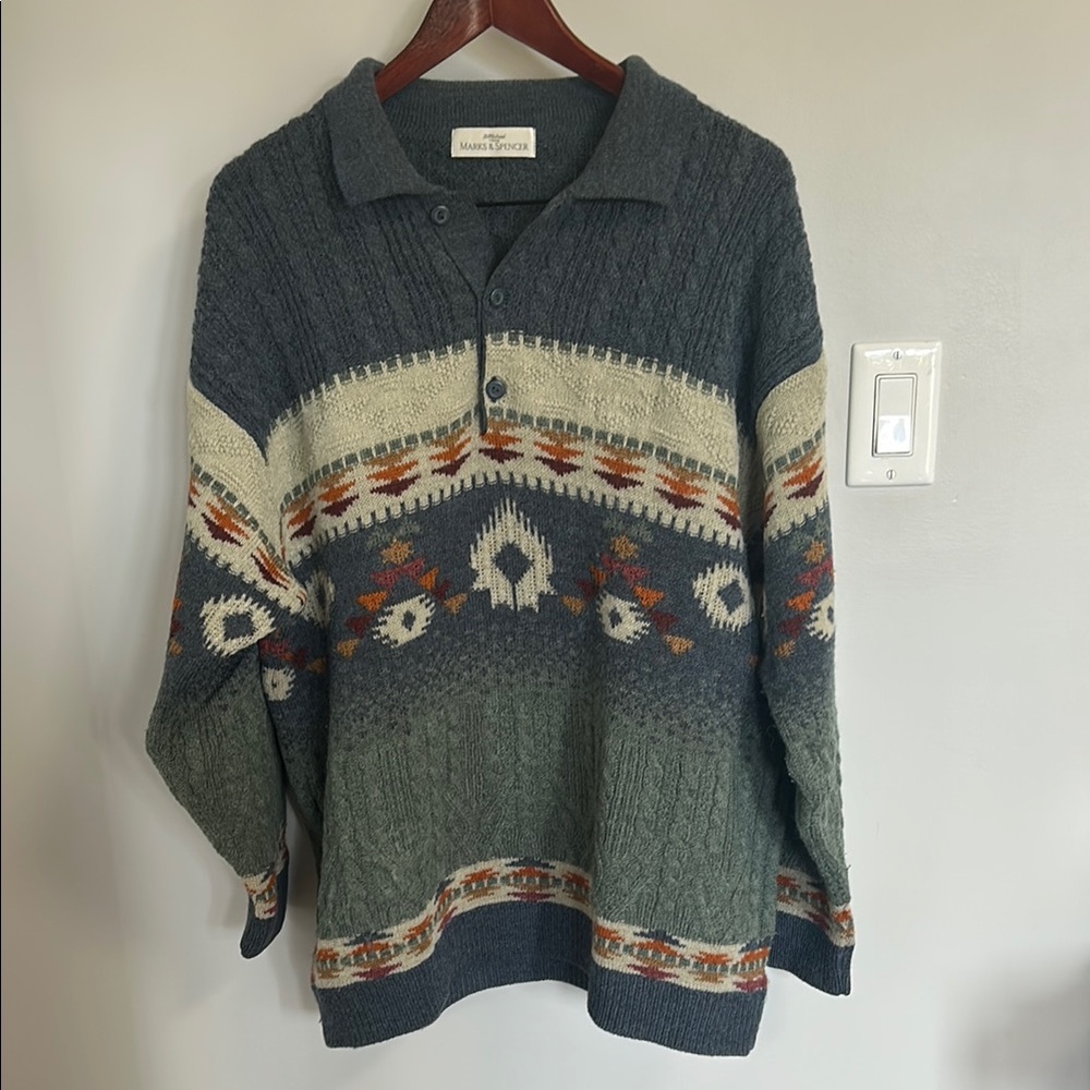 Lands' End Blue and Green Fair Isle Quarter-Zip Sweater
